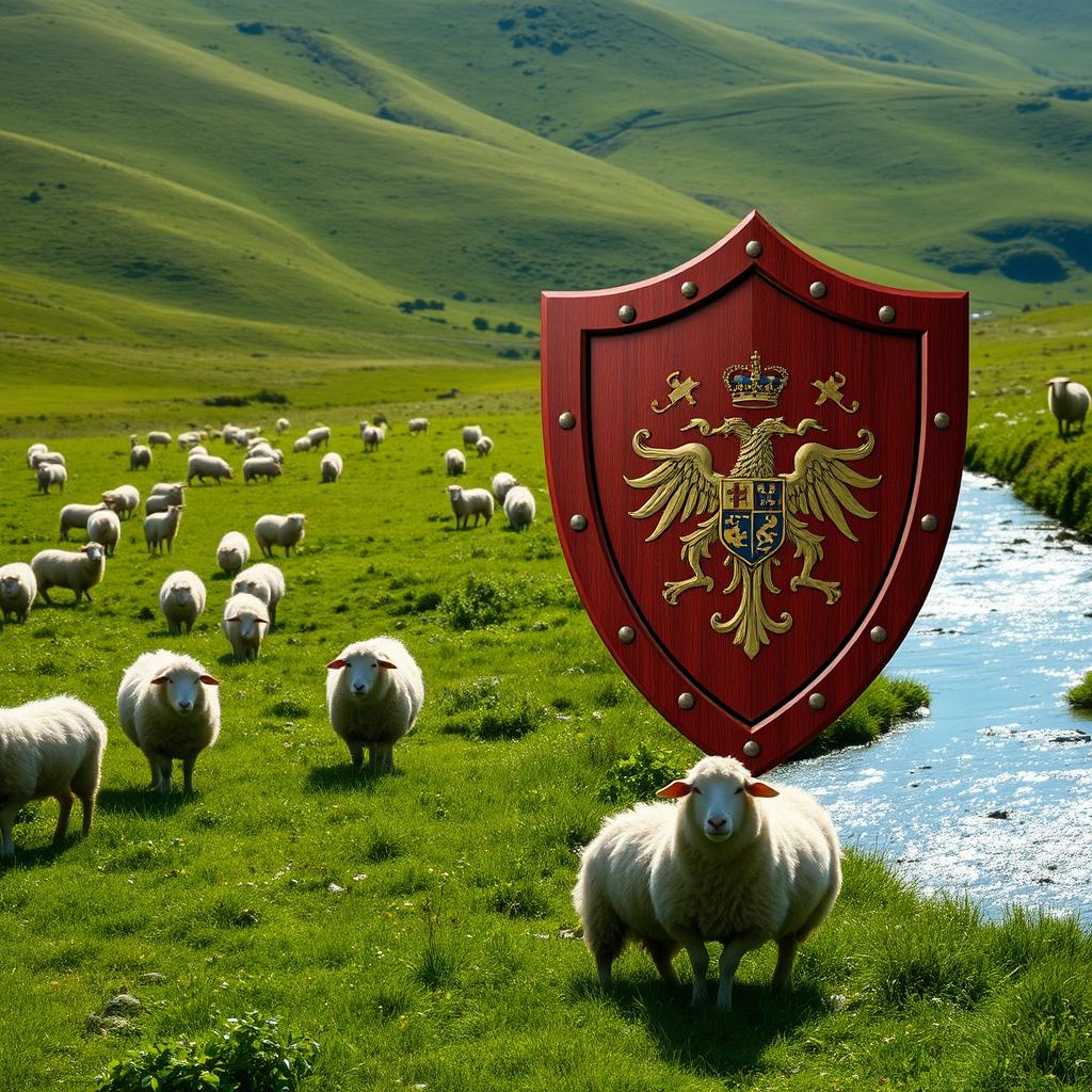 A serene landscape depicting a lush green field filled with fluffy sheep grazing peacefully