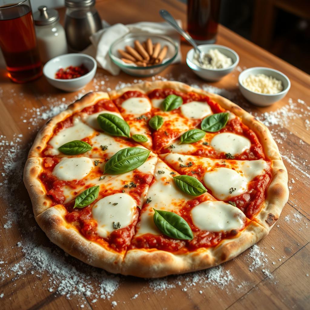 A delicious cheese pizza featuring a golden-brown crust topped with a generous layer of melted mozzarella cheese, colorful fresh basil leaves, and a rich tomato sauce peeking through