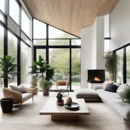 A spacious and modern living room with large windows, cozy sofas, a coffee table, a minimalist fireplace, and vibrant houseplants for a touch of greenery