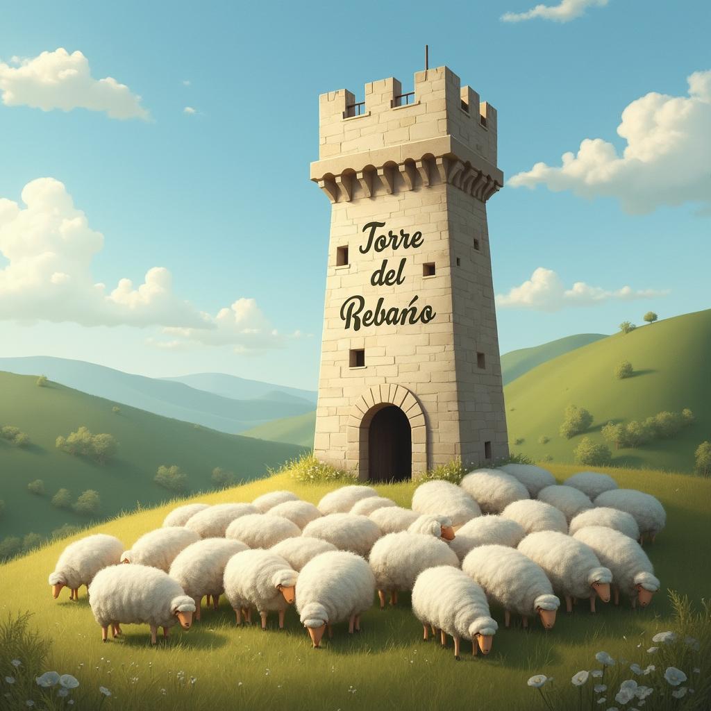 A serene landscape featuring fluffy white sheep gathered peacefully beneath a sturdy tower