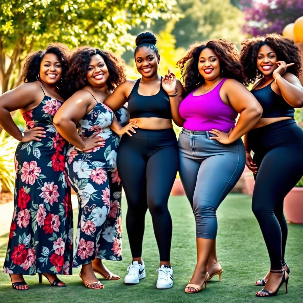 A group of curvy women confidently posing together, showcasing their diverse beauty and different styles