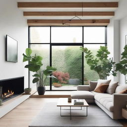 A spacious and modern living room with large windows, cozy sofas, a coffee table, a minimalist fireplace, and vibrant houseplants for a touch of greenery