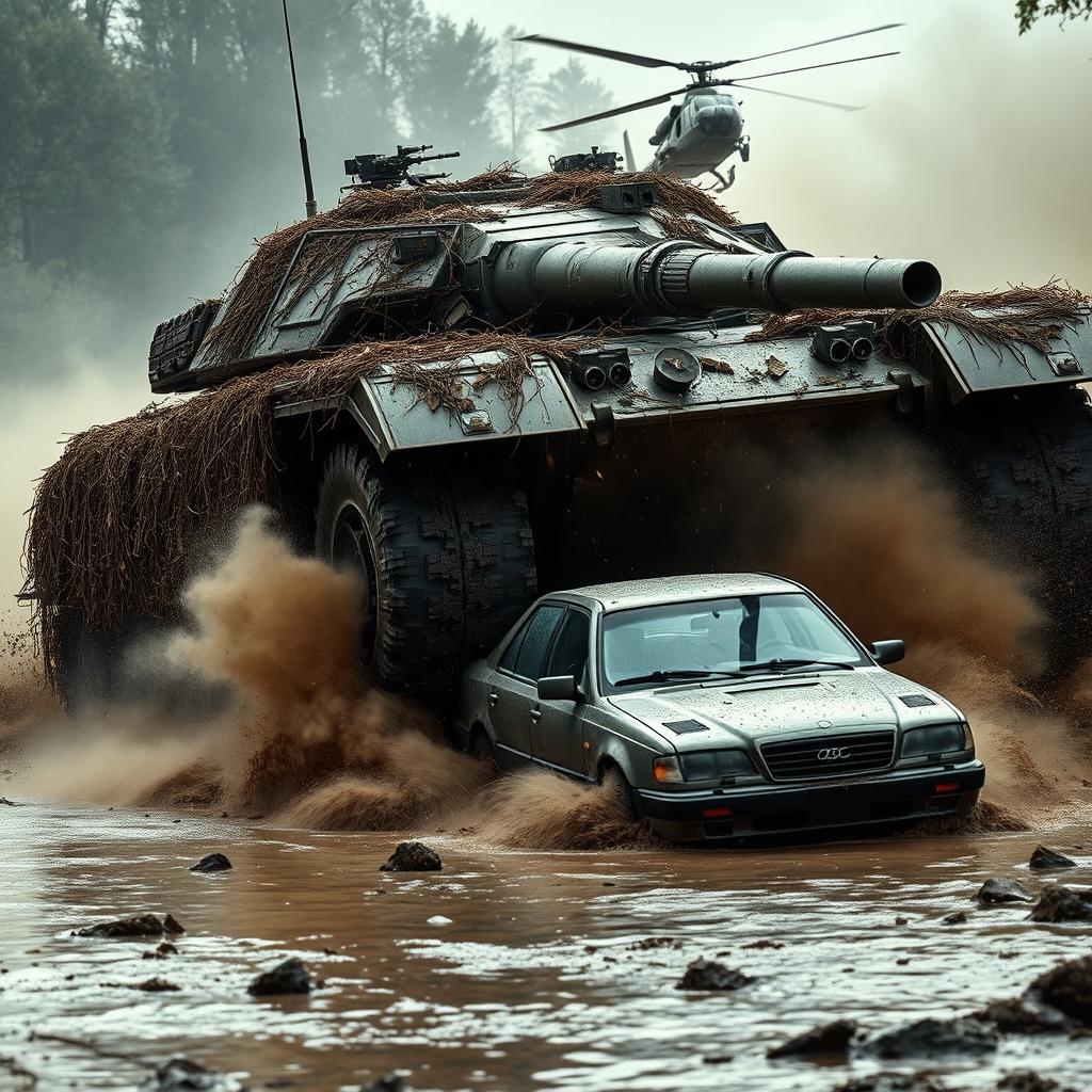 A massive battle tank camouflaged with branches and leaves is crossing a muddy river, its colossal wheels crushing a car beneath them