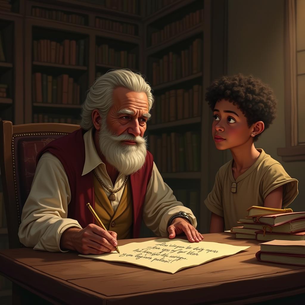 An emotional scene depicting Pablo writing a heartfelt letter to Filemon, returning his son, who had formerly been his slave