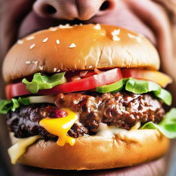 An extreme close-up of a person's mouth biting into a tantalizingly juicy burger, showcasing the delicious textures and vibrant colors.