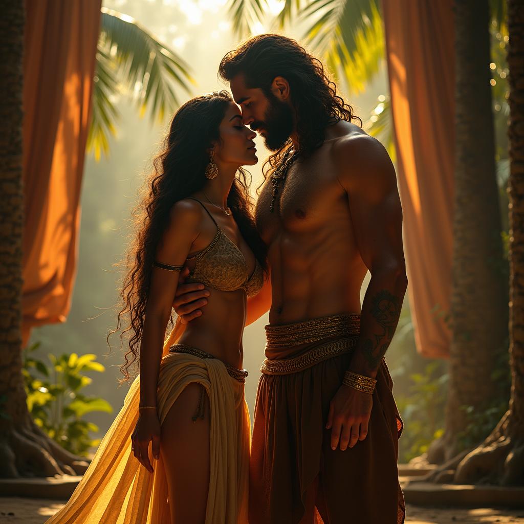 A dramatic scene capturing the moment Dalila tricks Samson, set in a lush ancient environment reminiscent of biblical times