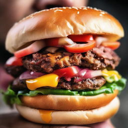 An extreme close-up of a person's mouth biting into a tantalizingly juicy burger, showcasing the delicious textures and vibrant colors.