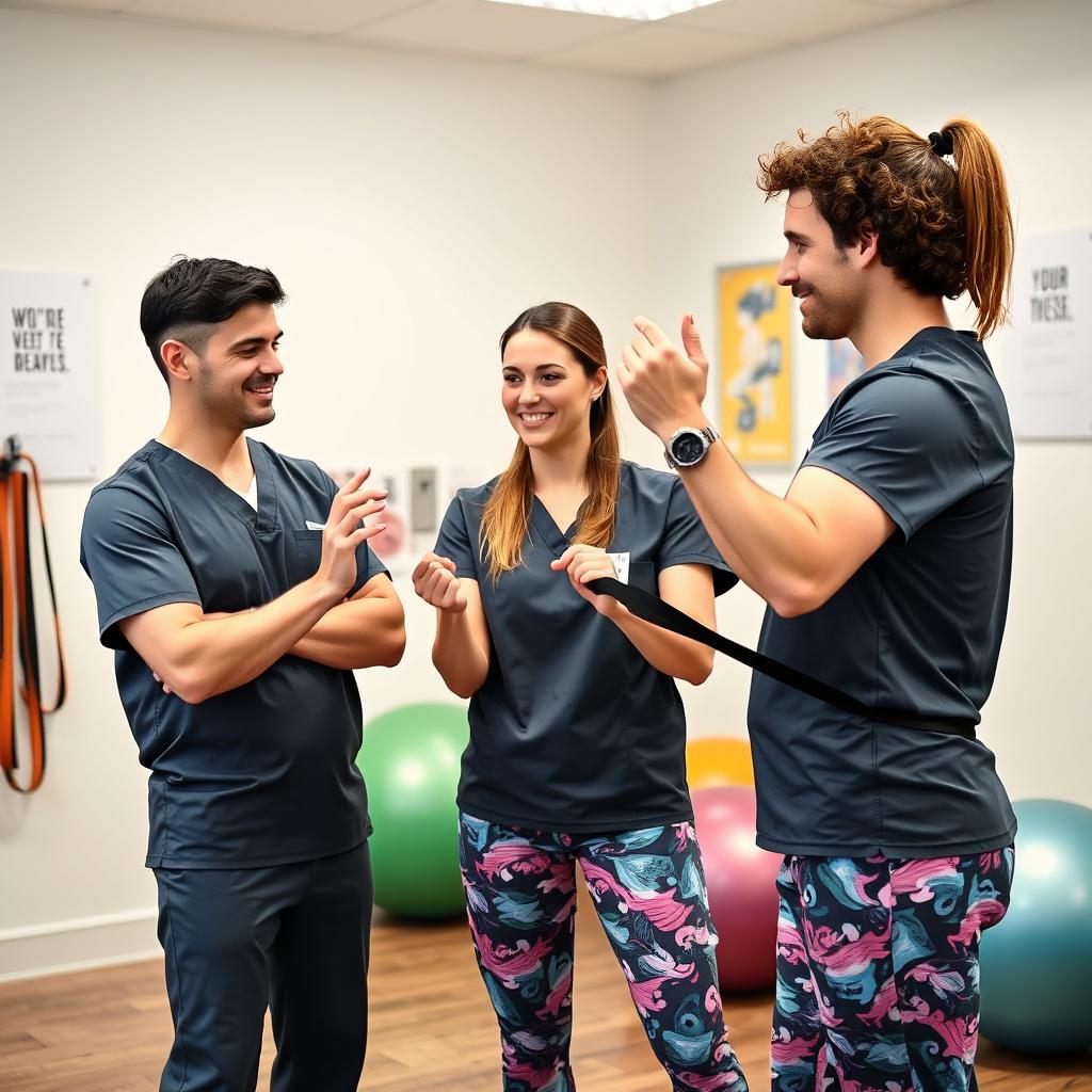 Two male and one female physiotherapists working together in a modern clinical setting