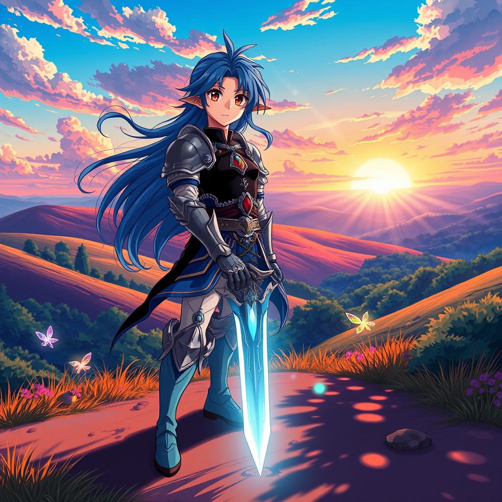 A vibrant and dynamic anime scene featuring a fantasy landscape with rolling hills, a mystical forest, and a brightly colored sunset sky