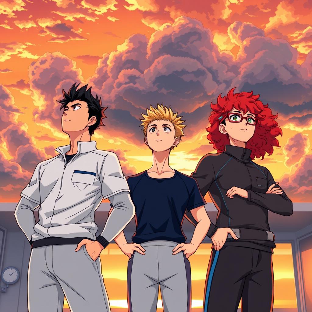 Two male physiotherapists and one female physiotherapist standing heroically, gazing at the horizon, in a vibrant anime style