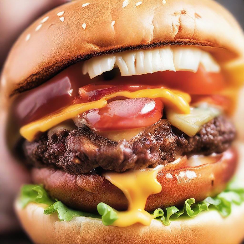 An extreme close-up of a person's mouth biting into a tantalizingly juicy burger, showcasing the delicious textures and vibrant colors.