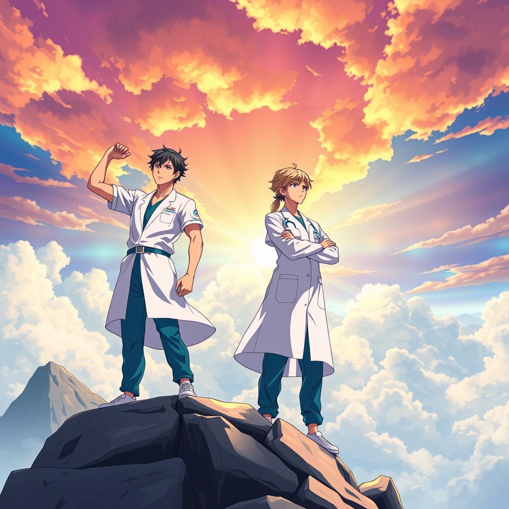 Two male physiotherapists and one female physiotherapist, all dressed in medical attire, standing heroically on top of Mount Olympus, gazing into the horizon