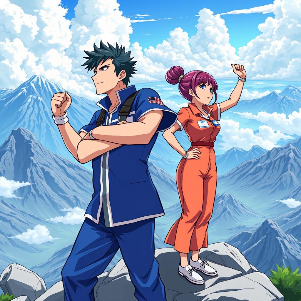 Two men and one woman dressed in medical attire, standing heroically on the summit of Olympus, gazing into the horizon