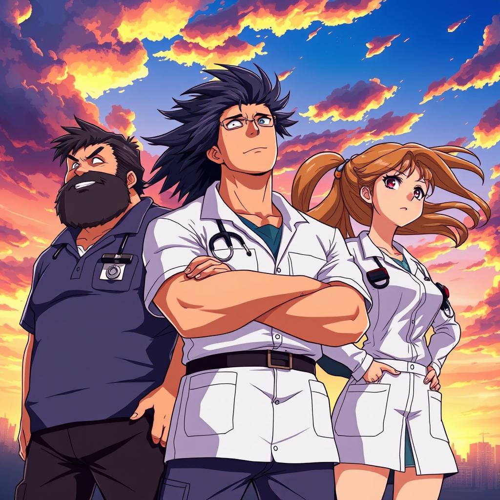 A heroic scene in anime style featuring three characters: a stout man with a beard, a muscular man, and a young woman, all dressed in medical attire