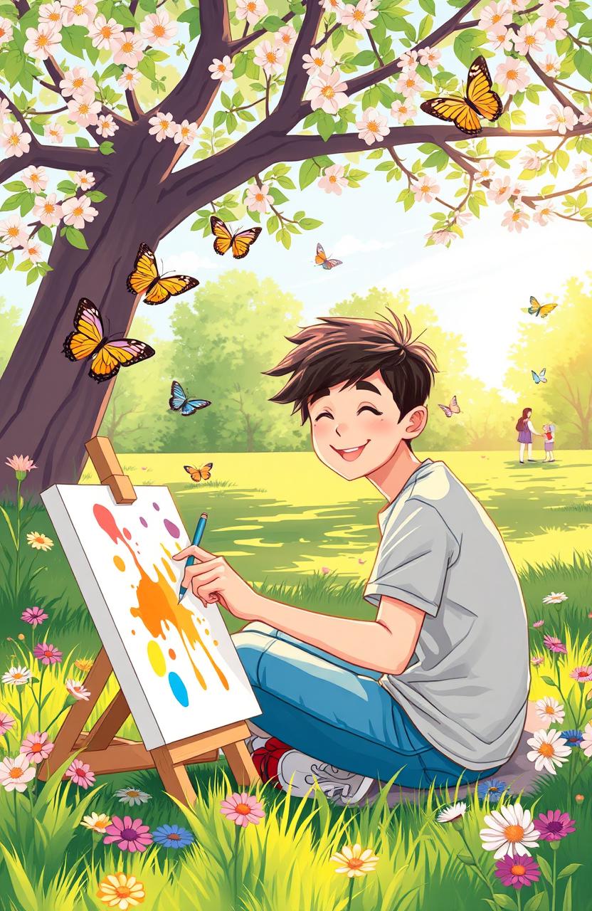 A serene and colorful illustration depicting a young adult on the autism spectrum, sitting in a park surrounded by nature