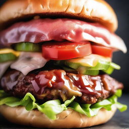 An extreme close-up of a person's mouth biting into a tantalizingly juicy burger, showcasing the delicious textures and vibrant colors.