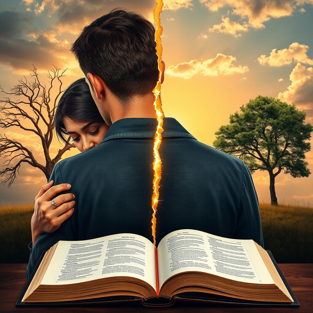 A symbolic realism book cover featuring a couple separated by a golden cross-shaped crack extending between them
