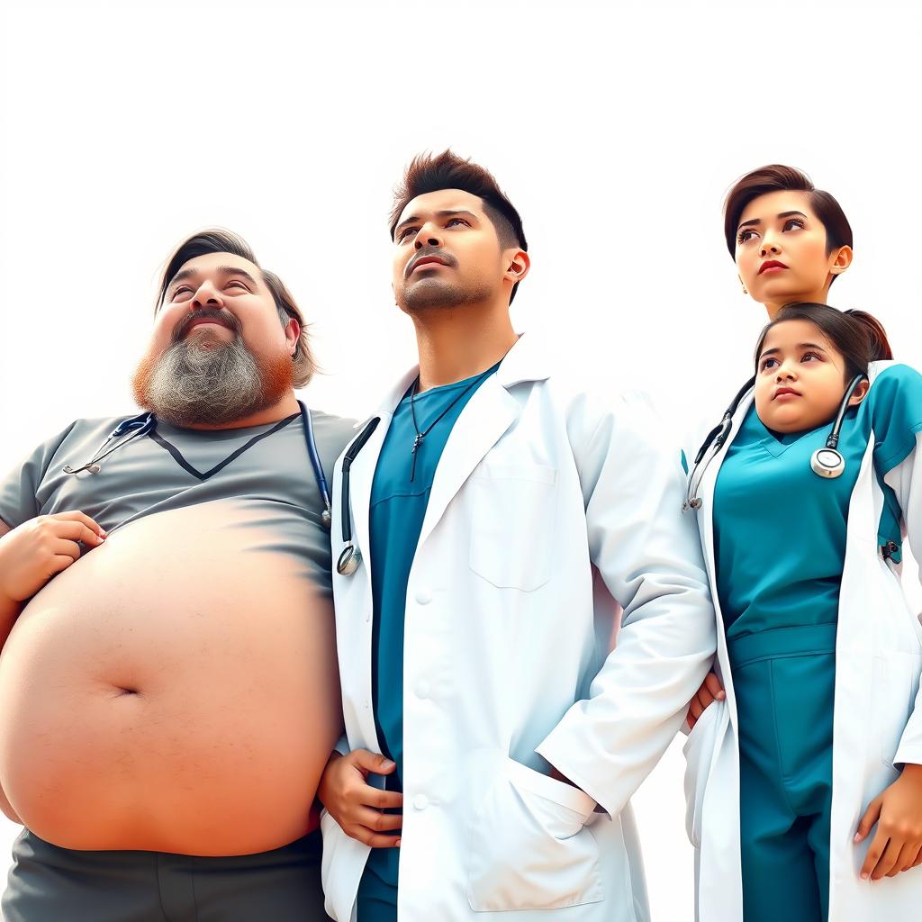 A heroic scene featuring a chubby man with a thin beard and straight hair, a muscular man with short hair, and a young, slender, short woman