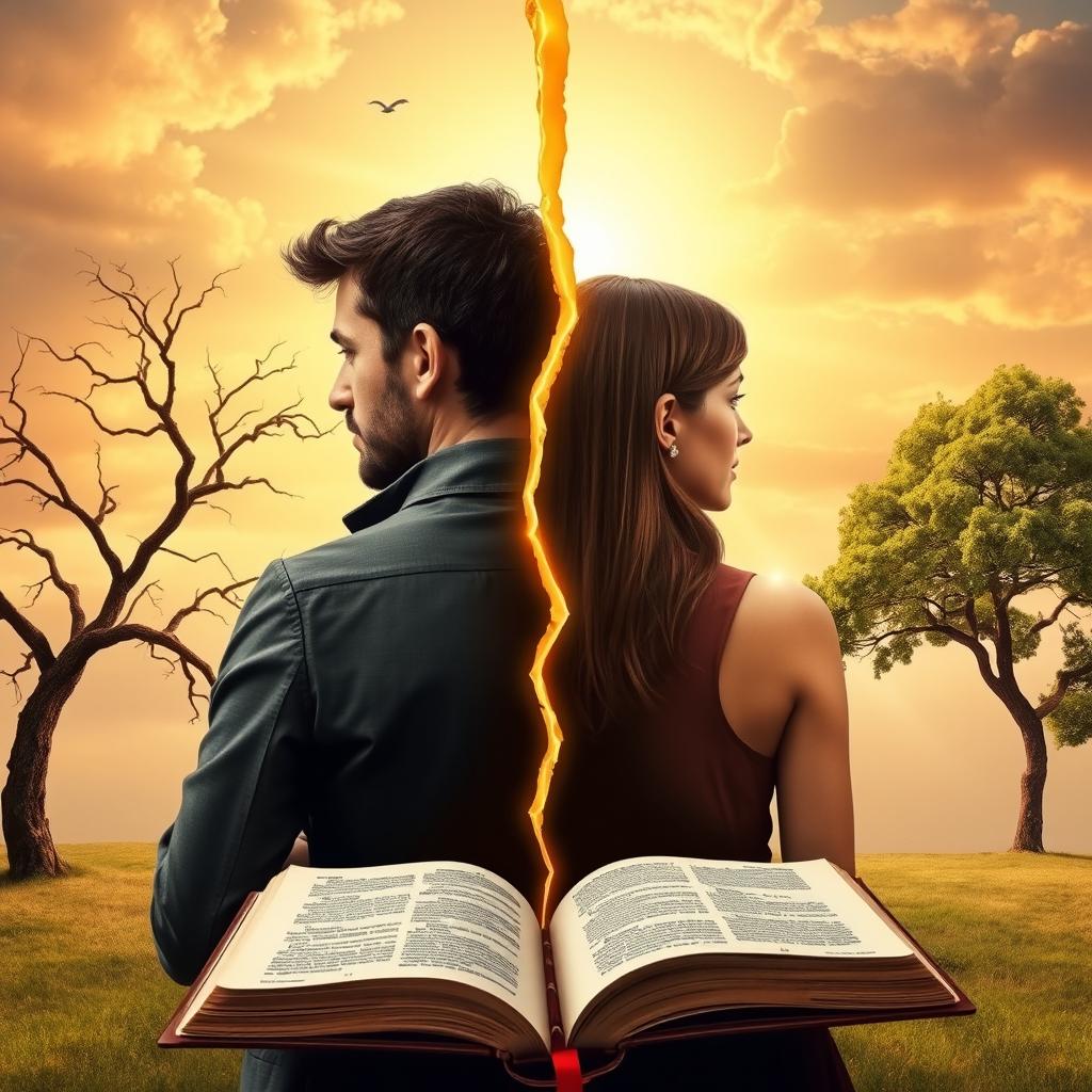 A symbolic realism book cover featuring a couple separated by a golden cross-shaped crack extending between them