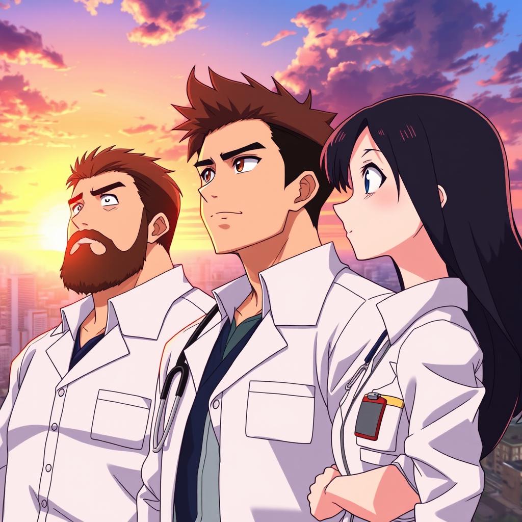 A thick-set man with a modest beard and straight hair, a muscular man with short hair, and a young, slender short woman, all dressed in medical uniforms and lab coats
