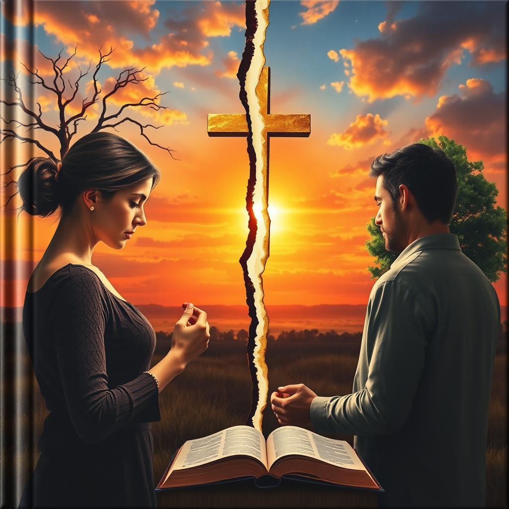 A symbolic realism book cover depicting a couple separated by a golden cross-shaped crack extending between them
