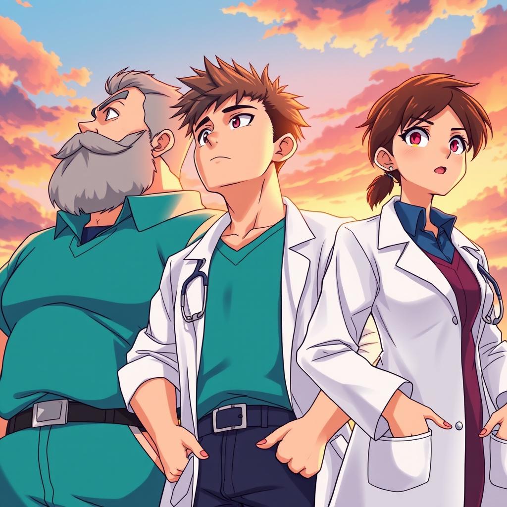 A thick beard man with moderately sparse hair, a muscular man with short hair, and a young slim woman of short stature, all dressed in medical uniforms and lab coats, heroically looking towards the horizon in an anime style, full body view, vibrant colors, dynamic poses