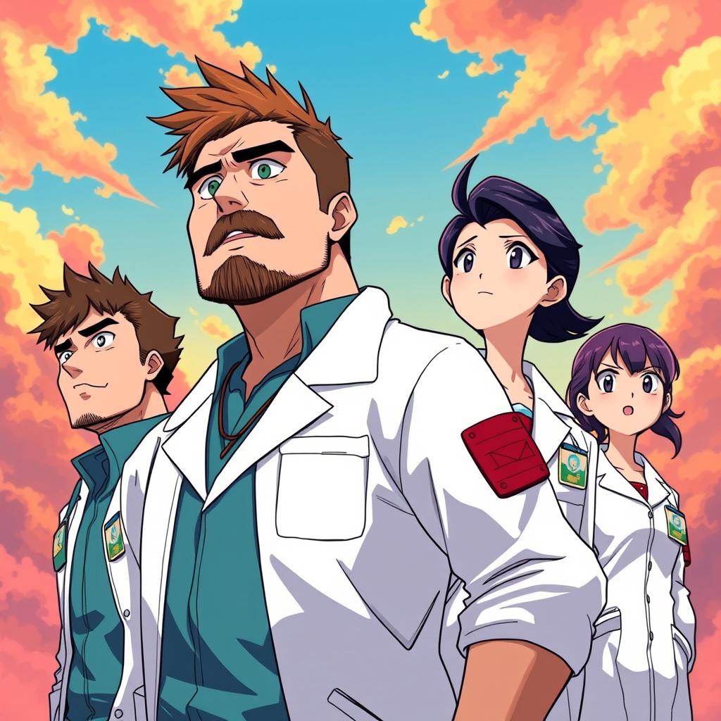 A young stout man with a moderate beard and straight hair, a muscular man with short hair, and a young slim woman of short stature, all dressed in medical uniforms and lab coats, gazing heroically into the horizon in a full-body anime style