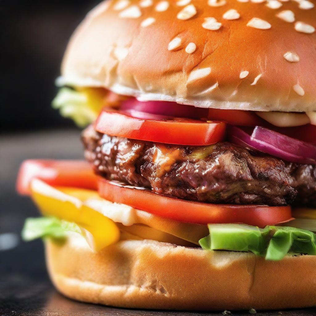 An extreme close-up of a mouth savoring a bite of a gourmet juicy burger, capturing the vivid colors, textures, and the sensation of the first bite.