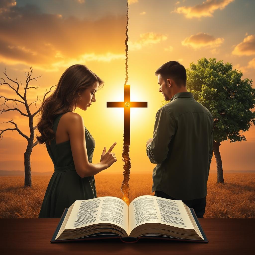 A symbolic realism book cover depicting a couple separated by a golden cross-shaped crack extending between them