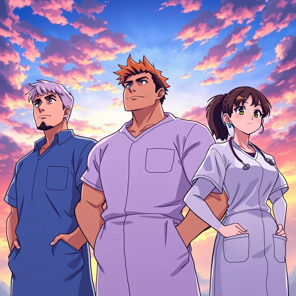 A young, slightly overweight man with a modest beard and straight hair, a muscular man with short hair, and a young, slender woman of short stature, all dressed in medical gowns, looking heroically towards the horizon