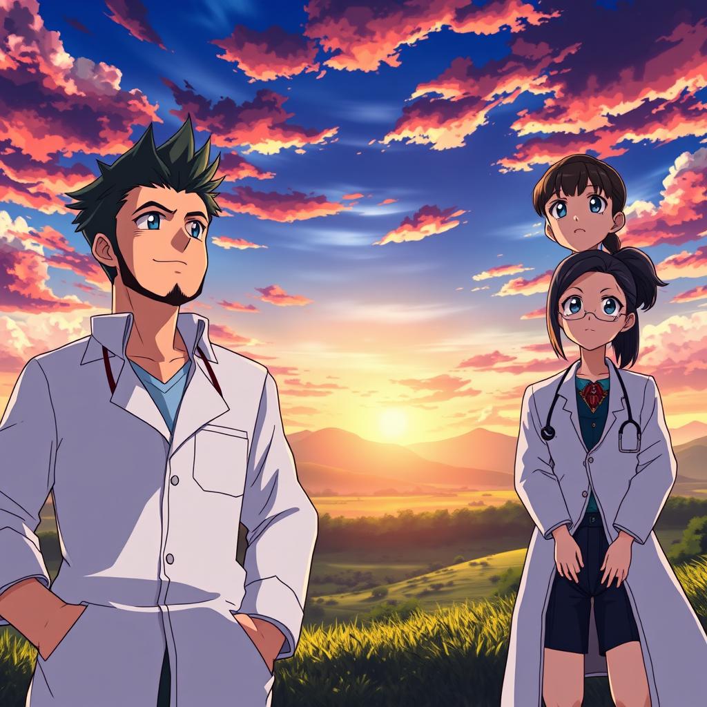 A heroic anime scene featuring a young stout man with a smooth beard, a muscular man with short hair, and a young slender woman of short stature, all dressed as doctors