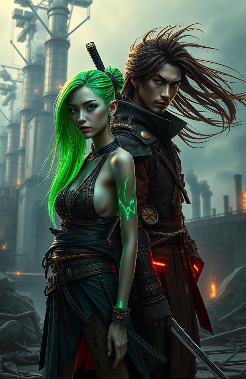 A captivating steampunk Japanese fusion scene set in a dystopian world