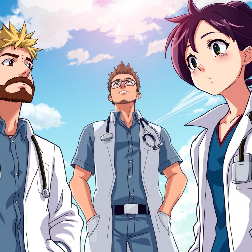 A young, bearded man with straight hair, a muscular man with short hair, and a slender young woman of short stature, all dressed as doctors