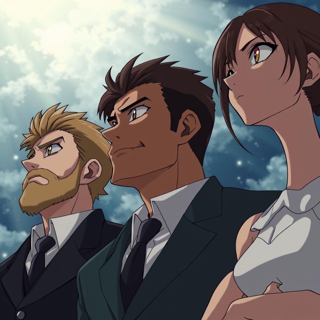 A young, thick-bearded man with smooth hair, a muscular man with short hair, and a young, slender woman of short stature