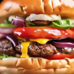 An extreme close-up of a mouth savoring a bite of a gourmet juicy burger, capturing the vivid colors, textures, and the sensation of the first bite.