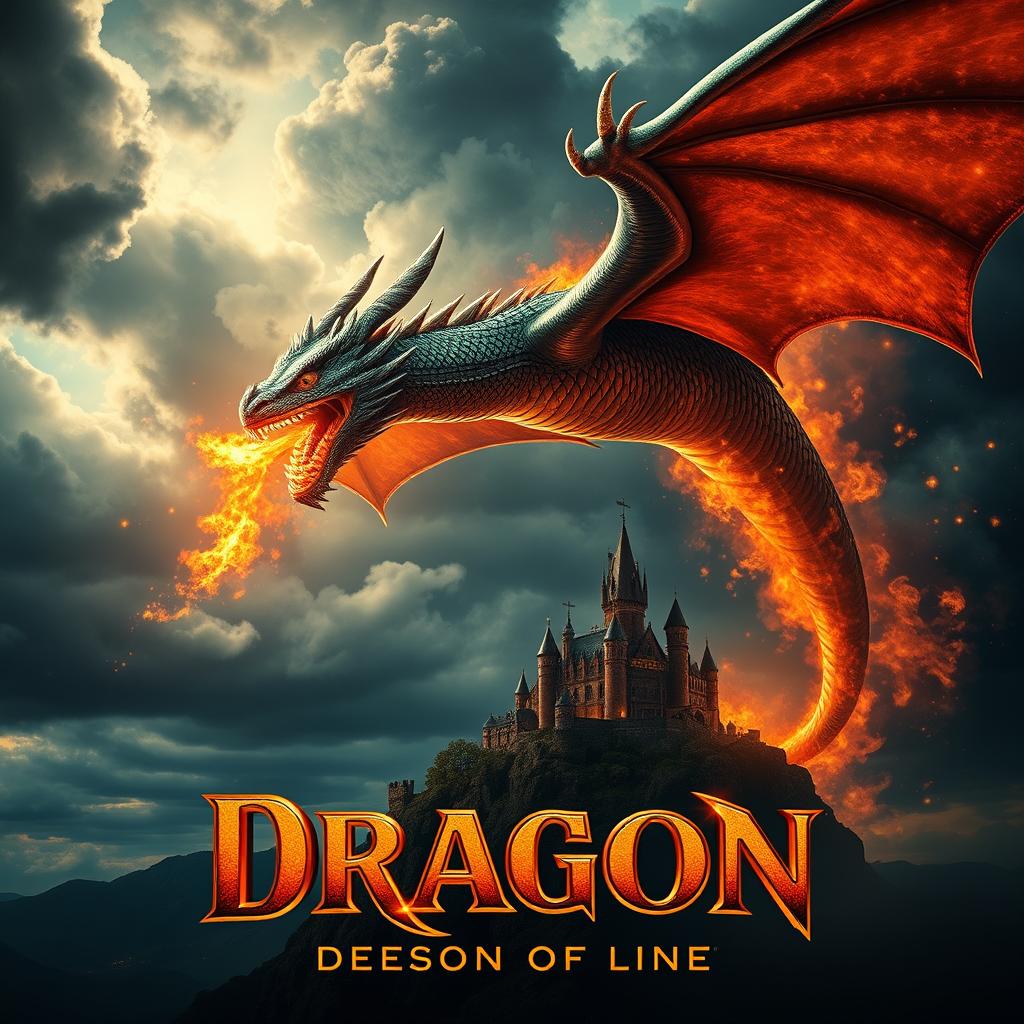 A cinematic movie poster featuring a magnificent fire-breathing dragon soaring through a dramatic sky filled with swirling clouds and fiery embers