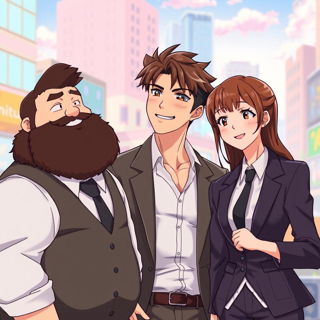 An anime scene featuring three young adults: a chubby young man with a dark brown beard and brown hair, a muscular young man with brown hair, and a young woman with brown hair