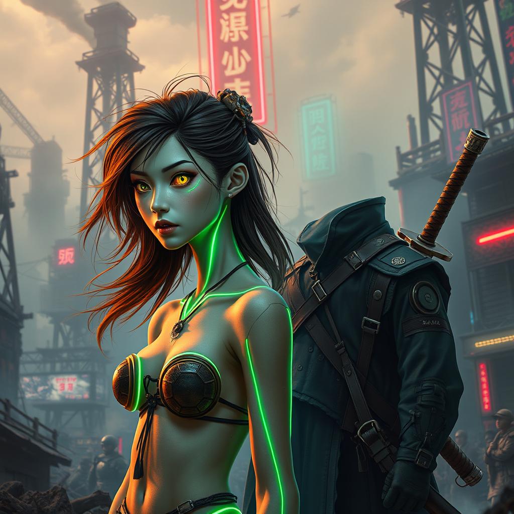 A stunning steampunk Japanese fusion scene set in a dystopian world