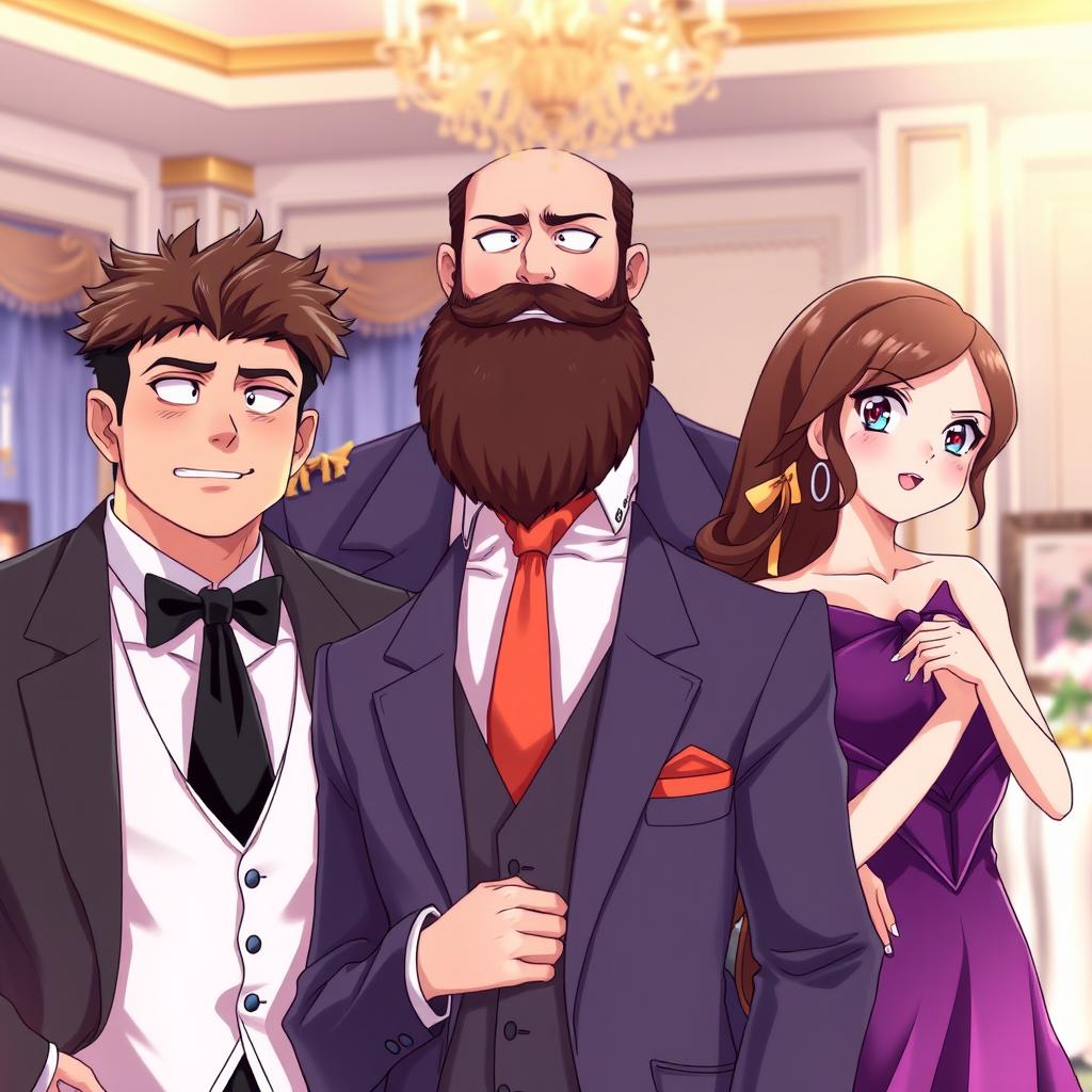 A vibrant anime-style scene featuring a group of characters at a formal event