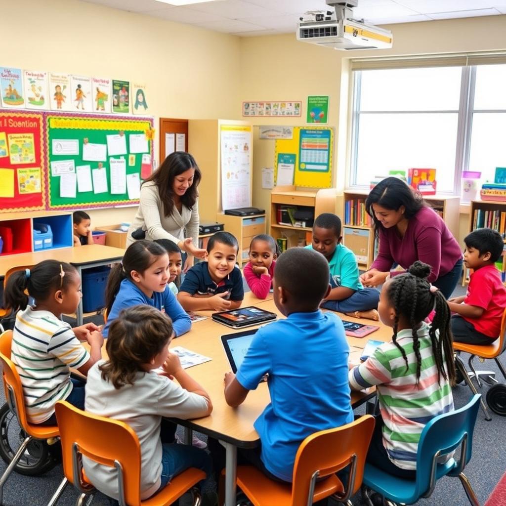 A vibrant classroom scene showcasing inclusive education, where students of diverse backgrounds and abilities are engaged in collaborative learning activities