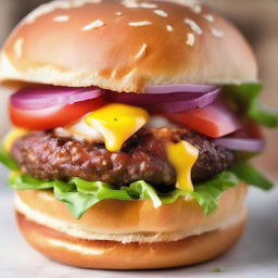 An extreme close-up of a mouth savoring a bite of a gourmet juicy burger, capturing the vivid colors, textures, and the sensation of the first bite.