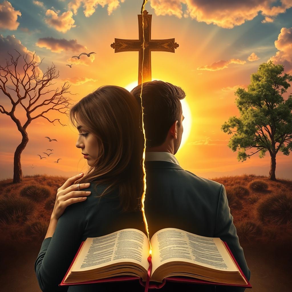 A symbolic realism book cover illustrating a couple separated by a golden cross-shaped crack that stretches between them