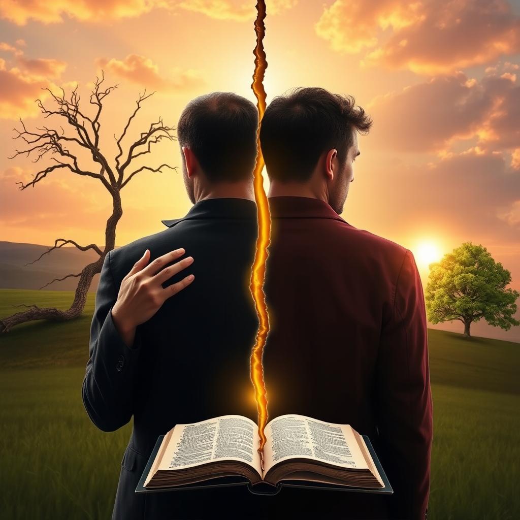 A symbolic realism book cover showing a couple separated by a golden cross-shaped crack that stretches between them