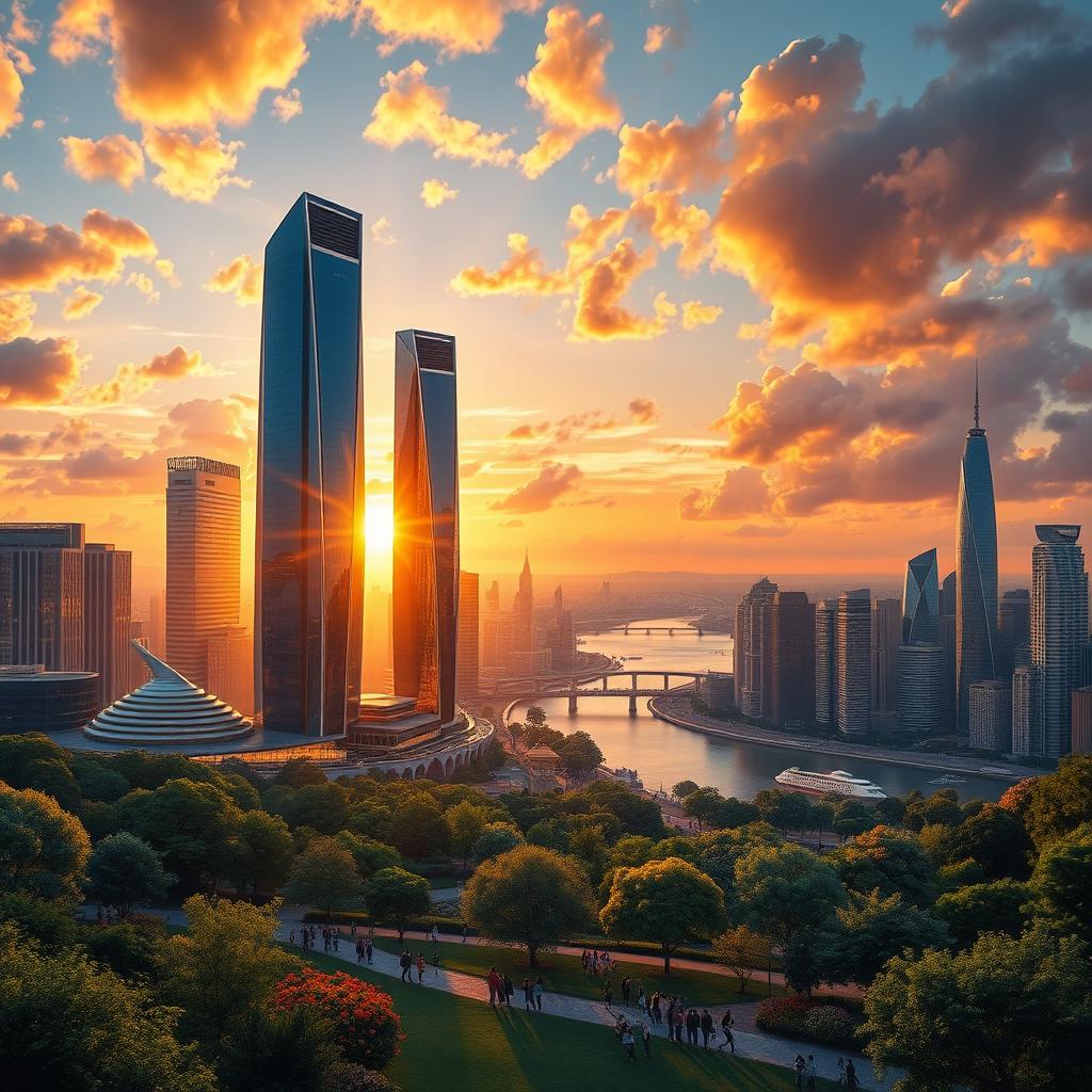 A stunningly detailed digital wallpaper featuring a vibrant, futuristic city skyline at sunset