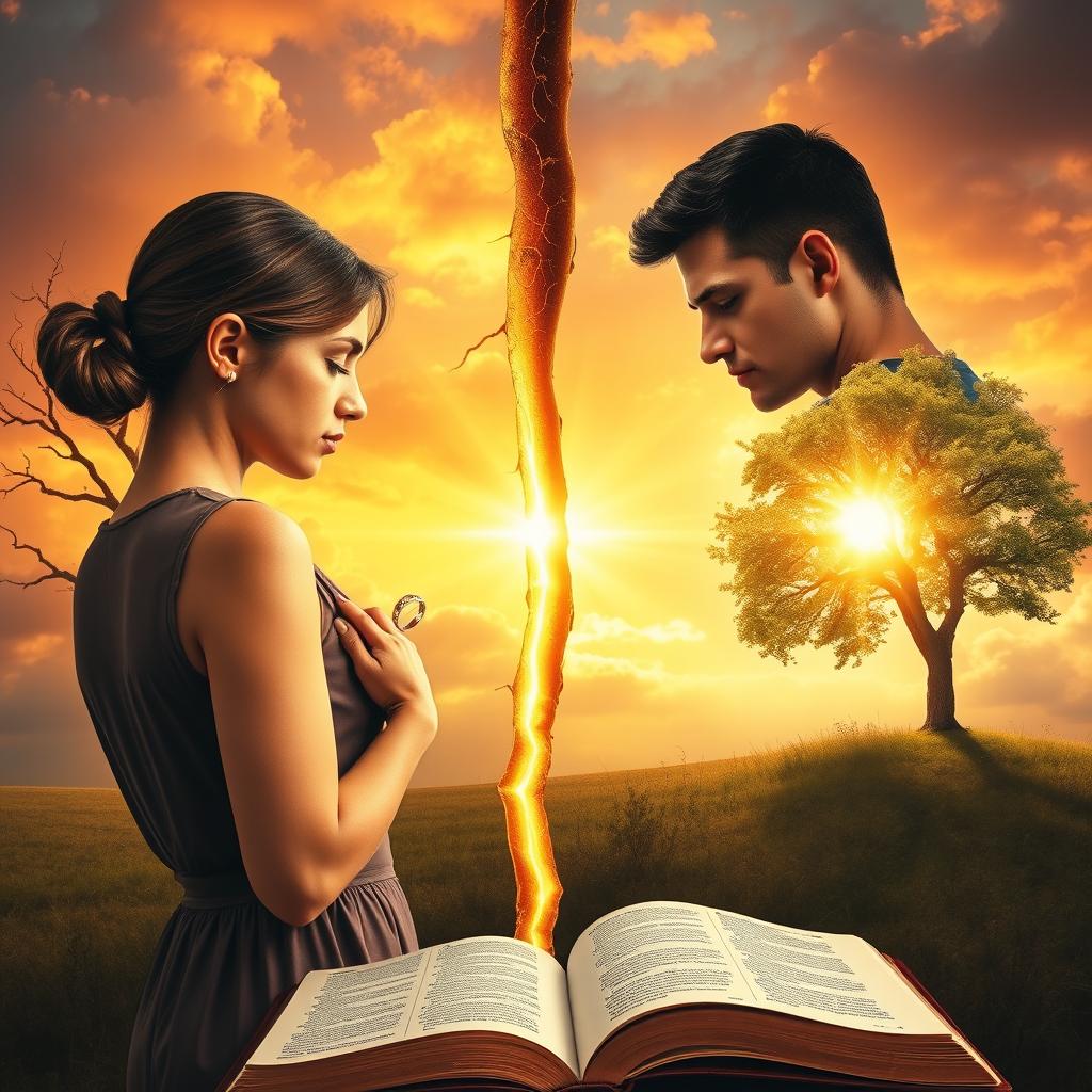 A symbolic realism book cover depicting a couple separated by a golden cross-shaped crack that extends between them