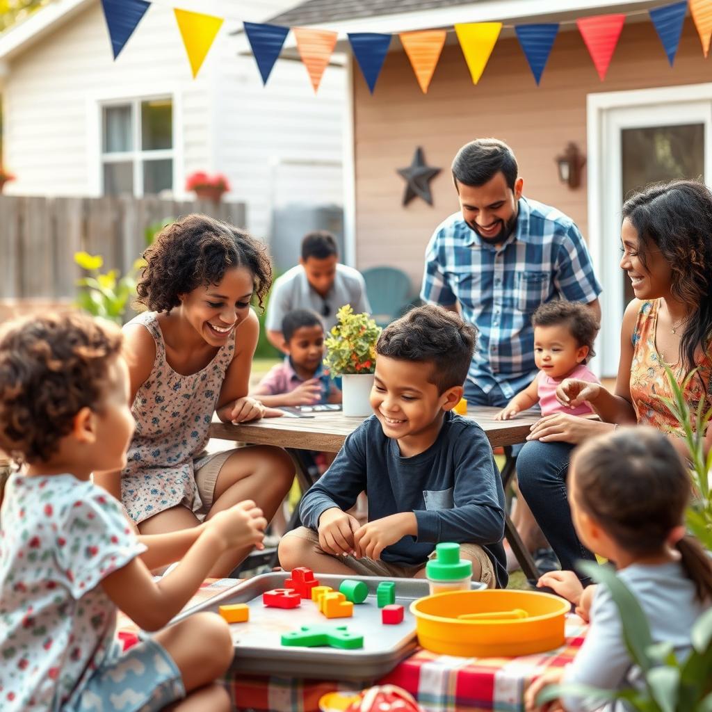 An uplifting scene illustrating inclusion of a child on the autism spectrum within a family and community context