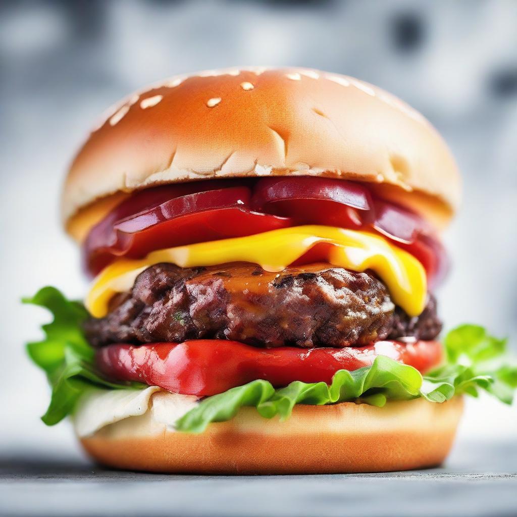 An extreme close-up of a mouth savoring a bite of a gourmet juicy burger, capturing the vivid colors, textures, and the sensation of the first bite.