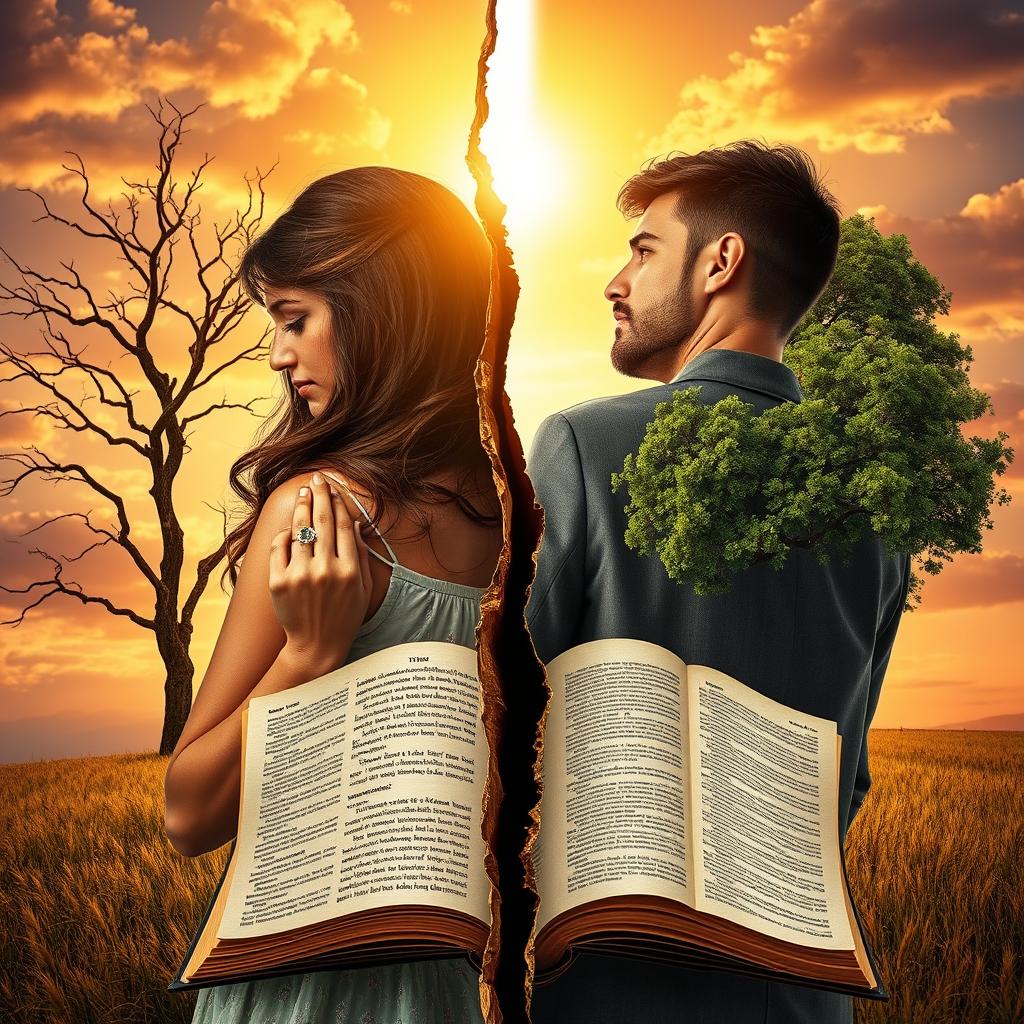 A symbolic realism book cover featuring a couple separated by a golden cross-shaped crack that extends between them