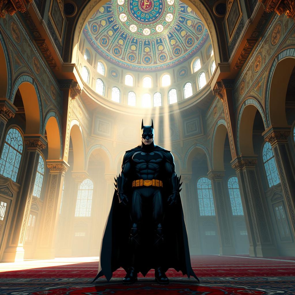 A stunning illustration of Batman inside a grand mosque, showcasing the intricate architectural details like the ornate domes, beautiful arches, and decorative tile work