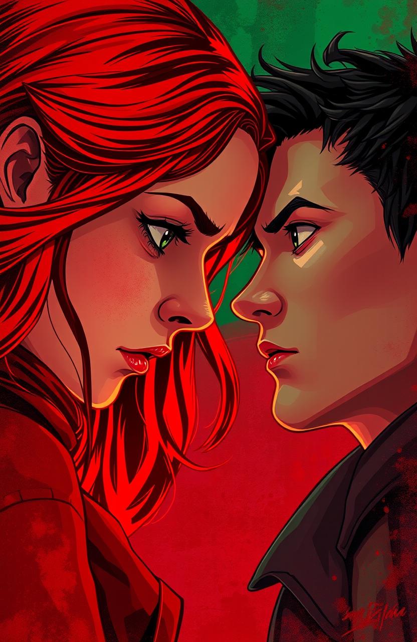 A girl with fiery red hair and fair skin gazing intensely at a boy with fair skin and black hair
